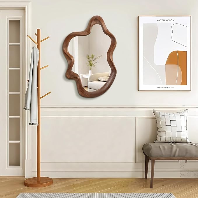 Asymmetrical Mirror Wood Frame Irregular Wall Mirrors Unique Shape Wall Mirrors Modern Artistic Cloud Mirror Decorative for Living Room Bedroom Cloakroom Bathroom Entryway Hallway 22"x15"