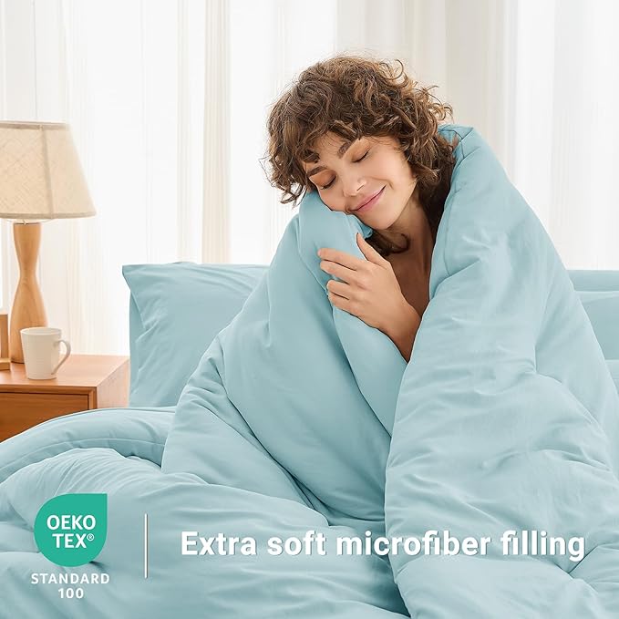 MUXHOMO 7 Pieces Full Comforter Set, Soft Bed in a Bag Full Size, All Season Bedding Set with Comforter, Flat Sheet, Fitted Sheet, Pillowcases & Shams, Lake Blue