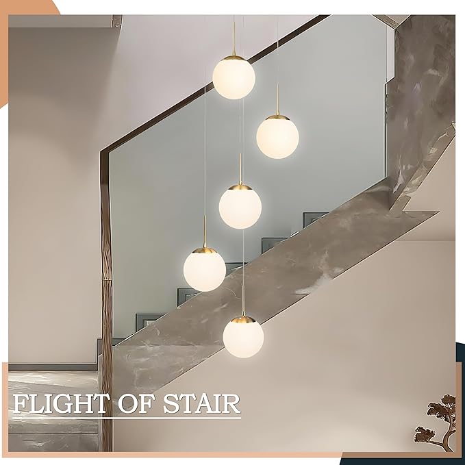 KoKo&Yukina 5-Light Globe Glass Pendant Light Adjustable Length Pendant Lights Fixtures Modern Gold Chandelier with Milky White Glass Ceiling Lights for Foyer Hallway Bedroom (Bulb & Remote Incl.)