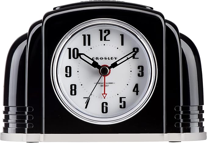 Crosley Vintage Art Deco Analog Alarm Clock, Quiet Sweep Non-Ticking, Automatic Dimmable Smart Light, Simple Controls, (Black)