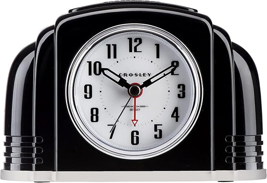 Crosley Vintage Art Deco Analog Alarm Clock, Quiet Sweep Non-Ticking, Automatic Dimmable Smart Light, Simple Controls, (Black)