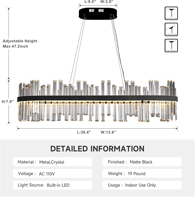 Black Led Modern Crystal Chandelier: 39.3" Rectangle Linear 3 Color Dimmable Chandeliers for Dining Room Over Table - Luxury Rectangular Contemporary Oval Light Fixture for Living Room Bedroom Foyer