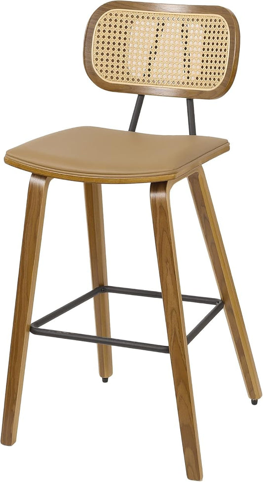 26" Counter Height Bar Stools Mid Century Modern Counter Stools, Wood Counter Stool with PU Leather Upholstered Bar Chair with Rattan Back, Counter Height Stools for Kitchen Island, Brown & Walnut