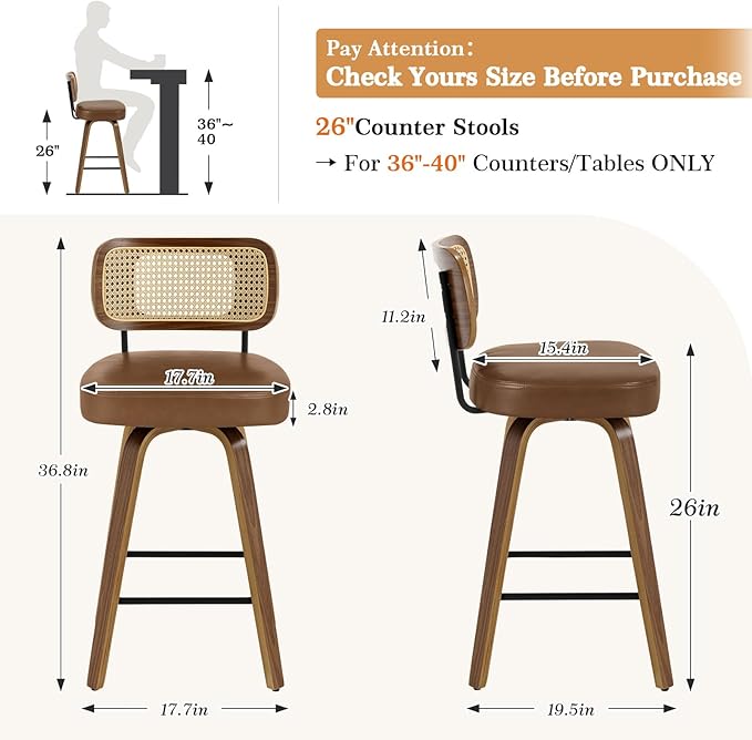 Swivel Counter Height Bar Stools Set of 4, Upholstered Faux Leather Barstools with Rattan Back, 26" Seat Height Bar Chairs for Kitchen Island, Bentwood Wood Frame, Brown