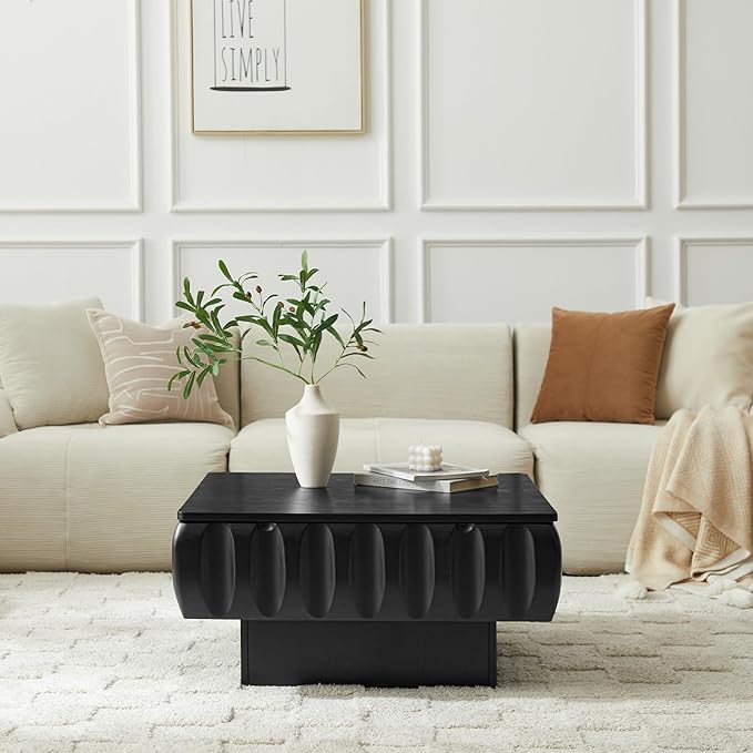 31" Lift Top Coffee Table for Living Room, Fluted Coffee Table with Hidden Storage Compartment, Mid Century Modern Solid Wood Veneer Square Center Table for Office Apartment Small Space, Black
