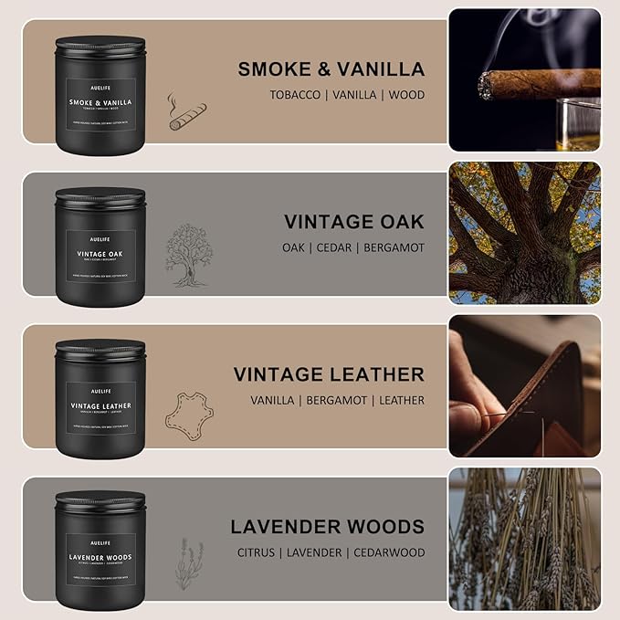 Scented Candles Set | Men Candle Set, Scented Candles for Home, Gifts for Men Aromatherapy Gift Set - 4 Pack Manly Gifts for Dad Fathers Day, Soy Candle of Leather/Smoke & Vanilla/Oak/Lavender