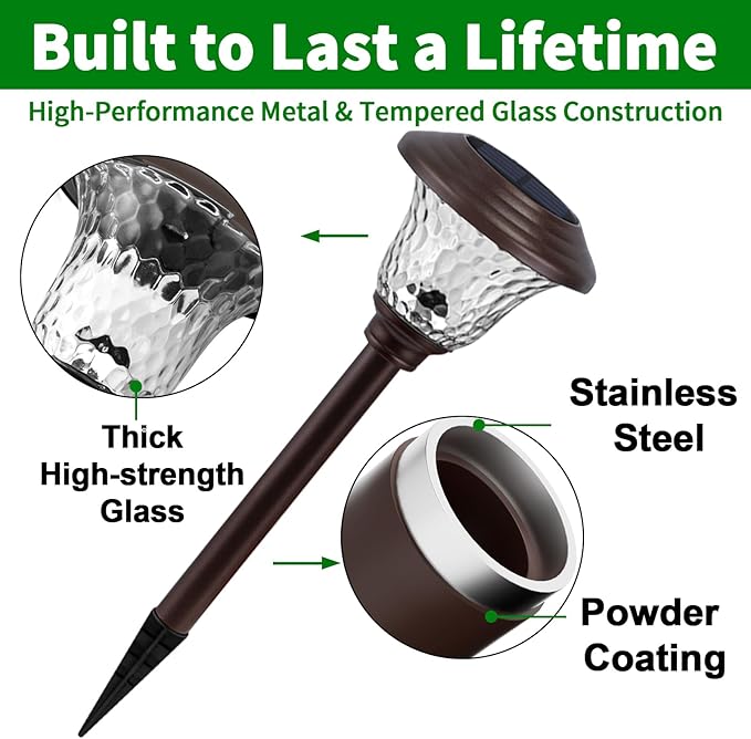 BEAU JARDIN 8 Pack Solar Pathway Lights Stainless Steel Outdoor Solar Powered Waterproof Glass High Lumen for Garden Landscape Path Yard Walkway Patio Driveway Outside White Color Changing Bronze