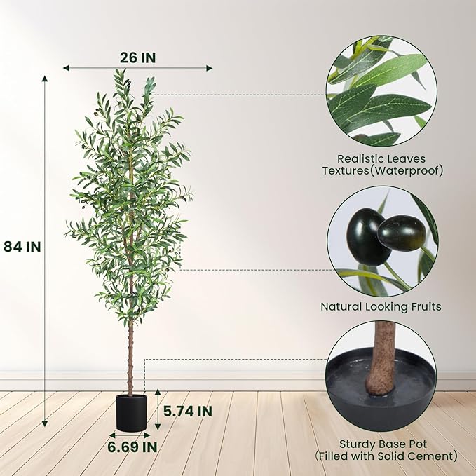 Artificial Olive Tree, 7FT Tall Faux Olive Trees 84in Outdoor Fake Potted Silk Plant with Trunk and Realistic 1048 Leaves and 40 Fruits for Modern Office Home Decor Indoor（1pack）