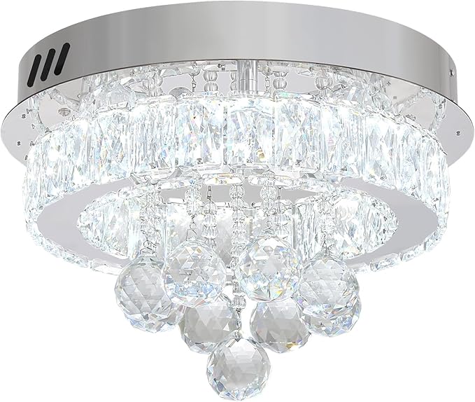 Flashing God 12" Modern Crystal Chandeliers Flush Mount Ceiling Light Silver Chandelier for Hallway LED Dimmable Light Fixture for Dining Room Living Room Bedroom