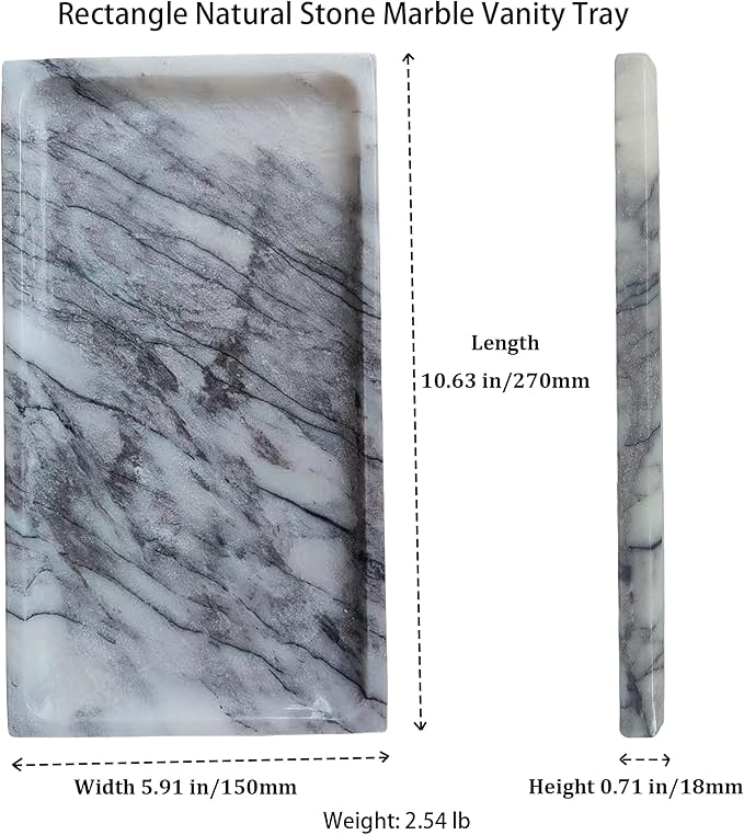 White Marble Vanity Tray – 10.63"x5.91" Rectangular Natural Stone Organizer for Bathroom Perfume Makeup Jewelry Dresser Entryway