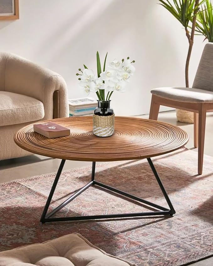 White Orchids Artificial Flowers with Vase, Small Faux Orchid Arrangement Fake Flower in Woven Glass Vase Black and White Decor Small White Centerpieces for Kitchen Dining Room Tables Bathroom Decor