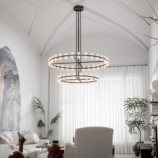 D48''+D60'' Large Black Wagon Wheel Chandeliers Black Round Chandelier Glass Chandeliers for Dining Room,Living Room Vintage Chandelier