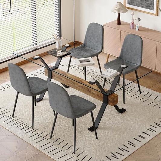 5 Piece Glass Dining Table Set, Kitchen Table Chairs Set for 4, 71'' Dining Table with 0.4" Tempered Glass Tabletop with Plated Metal Legs and MDF Crossbar, 4 Chairs for Dining Room, Kitchen.