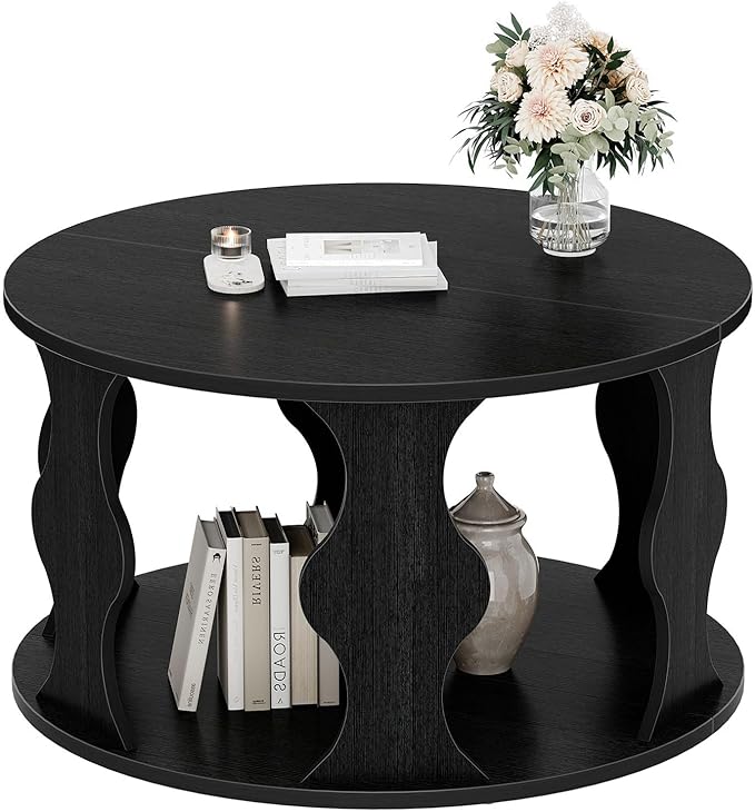 HSH Black Round Coffee Table, Modern Wood Circle Center Table for Living Room, Unique Rustic Wooden Circular Coffee Table with Storage, 2-Tier Accent Cocktail Tea Tables in Small Room, 31.5 in, Oak