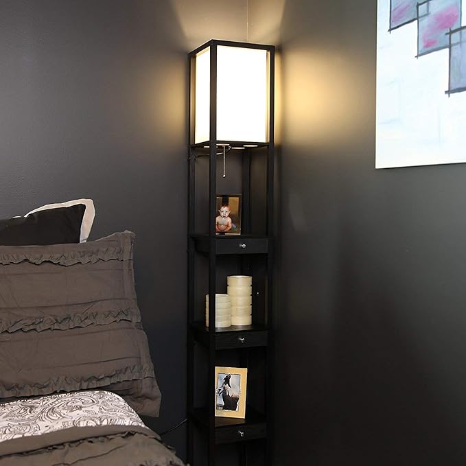 Brightech Maxwell Drawer Edition - Modern Shelf Floor Lamp with Drawer - Corner Display Floor Lamps with Shelves for Living Room, Bedroom and Office - Black