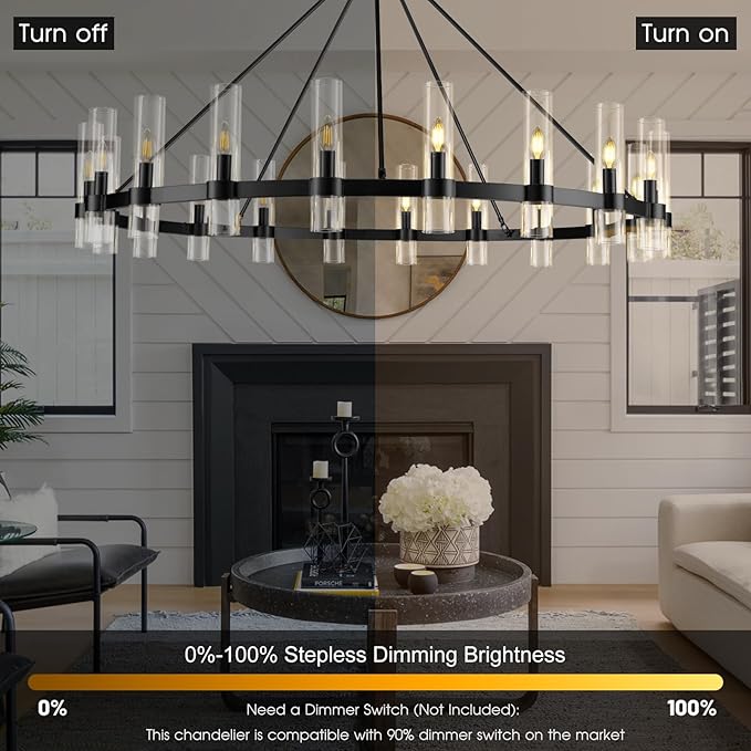 Black Wagon Wheel Chandelier, 60 Inch Glass Chandeliers, 20 Light Chandelier for High Ceiling, Modern Farmhouse Chandeliers for Living Room, Dining Room, Entryway, Stairwell(Bulbs Included)