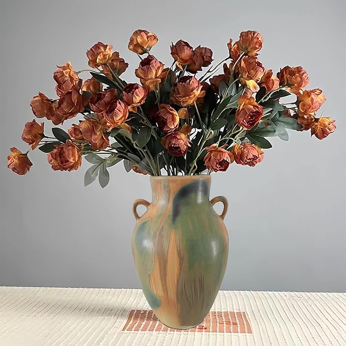 Terracotta Pottery - 10" Unique Decorative Farmhouse Vase with Handle, Green Glazed Earth Yellow Boho Neutral vase Home Decor, Vintage Ceramic Flower vases for Living Room, Kitchen Decor