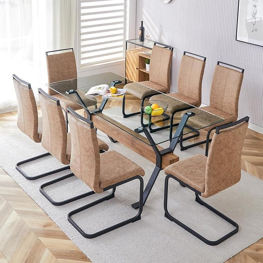 9 Piece Glass Dining Table Set, Kitchen Table Chairs Set for 8, 71'' Dining Table with 0.4" Tempered Glass Tabletop with Plated Metal Legs and MDF Crossbar, 8 PU Chairs for Dining Room, Kitchen.
