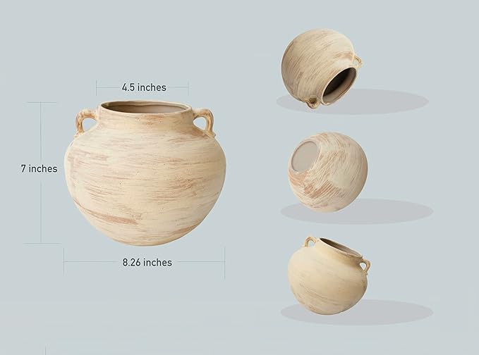 Handmade Beige White Two-Ear Ceramic Vase, Textured Pottery Vase with Two Ears for Centerpieces, Kitchen, Living Room, Bedroom Decor Gifts (Beige White*, Short)