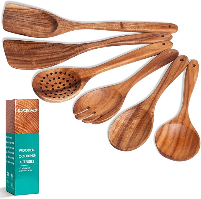 Kitchen 6-Piece Teak Wood Kitchen Utensil Set – Wooden Cooking Spoons with Spatula, Turner & Serving Spoon, Smooth Finish Comfort Grip, Nonstick Safe by Howhong