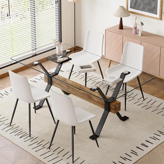 5 Piece Glass Dining Table Set, Kitchen Table Chairs Set for 4, 71'' Dining Table with 0.4" Tempered Glass Tabletop with Plated Metal Legs and MDF Crossbar, 4 PU Chairs for Dining Room, Kitchen.