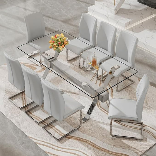 71'' Glass Dining Table Set for 8,9 Piece Dining Table Set with Tempered Glass Tabletop and Open‑Frame X‑Shaped Metal Base,Kitchen Table and Chairs Ideal for Dining Room&Home Office