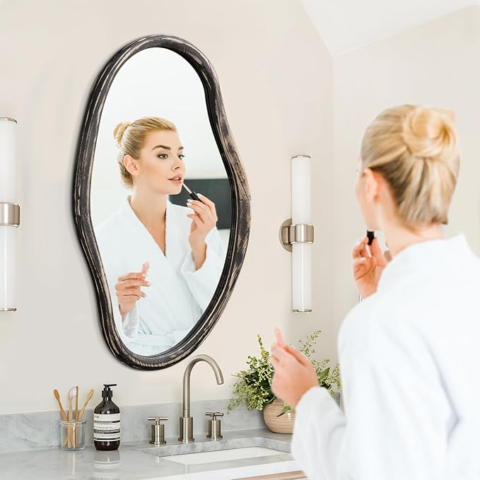 JJUUYOU Asymmetrical Wall Mirror Irregular Mirrors for Wall Modern Wood Frame Unique Vanity Mirror Shaped Dressing Mirrors Decor for Living Room Bathroom Bedroom Entryway Large 30"x18"