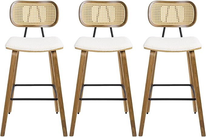 Counter Height Bar Stools Set of 3, Mid Century Modern Counter Stools, 26" Wood Kitchen Stool Boucle Fabric Upholstered Barstool with Rattan Back, Counter Height Island Dining Bar Chair, White