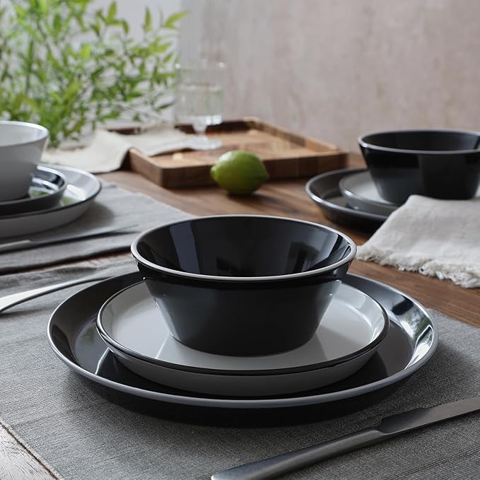 Famiware Saturn Dinnerware Sets, Plates and Bowls Sets for 4, 12 Pieces Stoneware Dish Set - Chip and Scratch Resistant, Microwave and Dishwasher Safe Tableware Set, Black and White with Rim