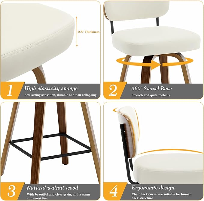 Swivel Counter Height Bar Stools Set of 4, 26" Upholstered Faux Leather Barstools with Back and Bent Wood Legs, Mid Century Modern Bar Chair Island Stool for Kitchen Counter, Cream White