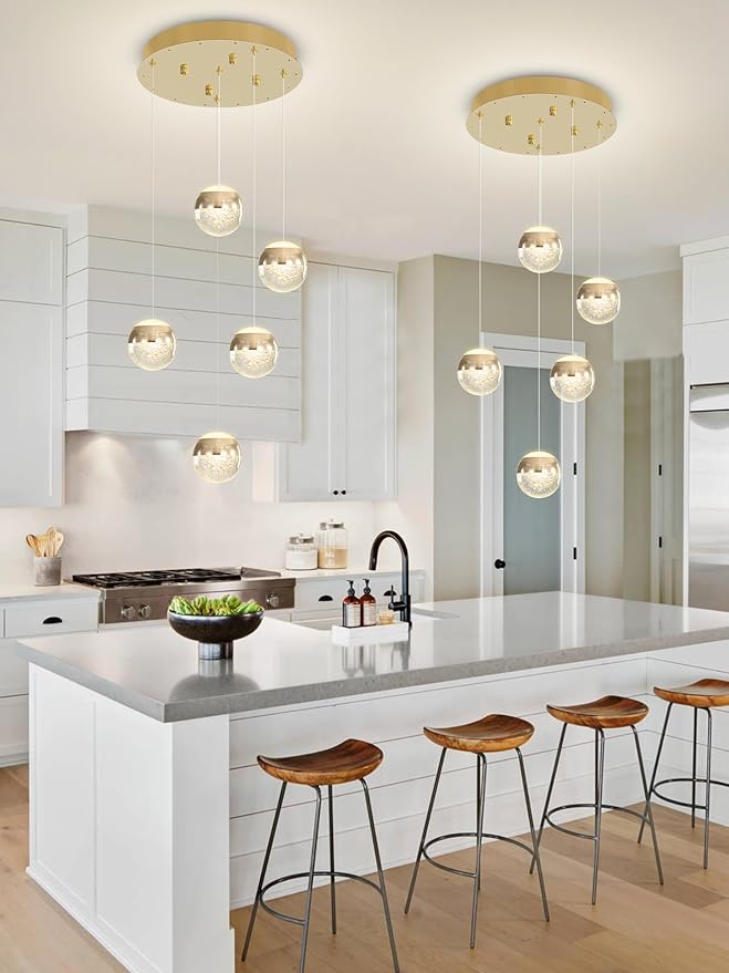 6-Lights Globe Pendant Light Modern Crystal Pendant Chandelier Gold Globe Chandeliers for Kitchen Island, Hanging Light Fixture for Dinning Room Bedroom