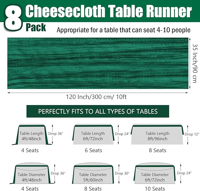 8 Pack 10 ft Dark Green Christmas Cheesecloth Table Runner 35x120 Inches Boho Gauze Rustic Cheese Cloth Runners Long Romantic Sheer Table Runner for Wedding Bridal Shower Party Decoration