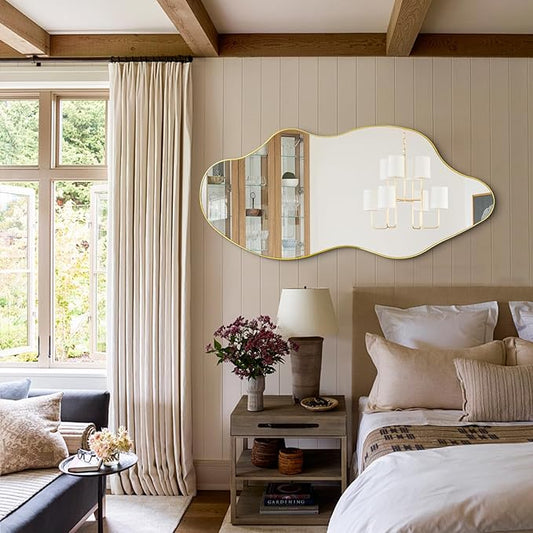Irregular Wall Mirror, Gold Asymmetrical Mirrors, 47.2"x21.6" Large Wavy Shaped Mirror, Modern Frameless Decorative Mirrors for Living Room Bathroom Bedroom Hallway Entryway Fireplace