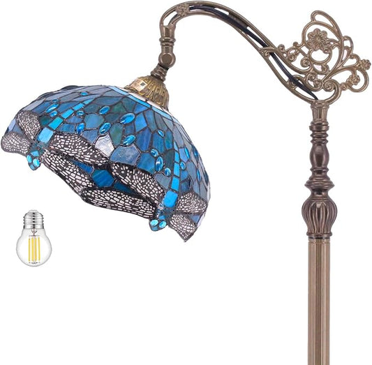 WERFACTORY Tiffany Floor Lamp Sea Blue Stained Glass Dragonfly Arched Lamp 12X18X64 Inches Gooseneck Adjustable Corner Standing Reading Light Decor Bedroom Living Room S622 Series