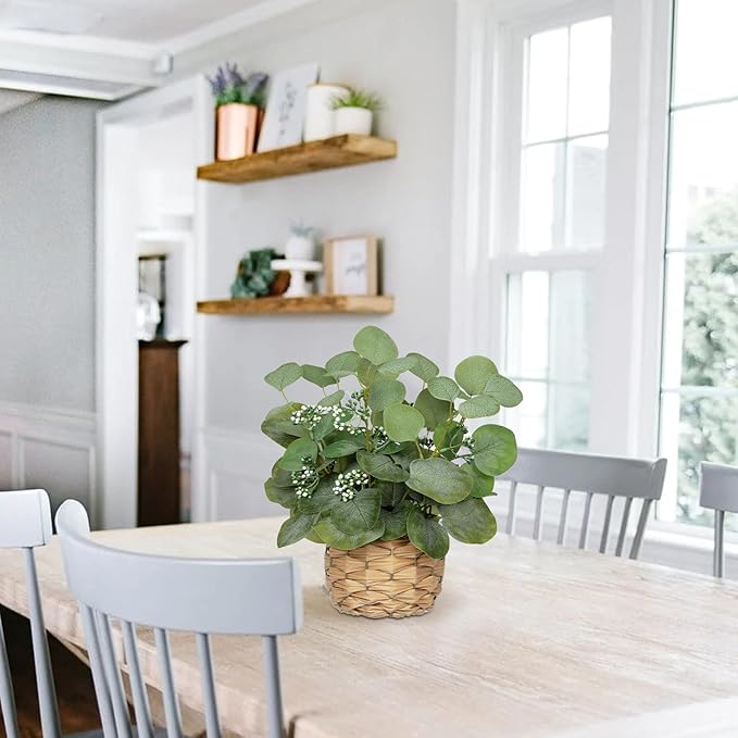 DILATATA Artificial Eucalyptus Stems in Woven Basket Planter, 12" Fake Plant Eucalyptus Leaves with Green Seeds Faux Potted Plant Greenery for Table Centerpiece Office Indoor Home Decor