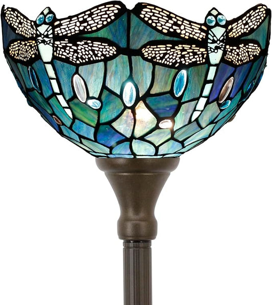 Tiffany Floor Lamp Torchiere Stained Glass Torch Lamp 12X12X67 Inch Antique Standing Corner Light (Dark Blue Dragonfly)