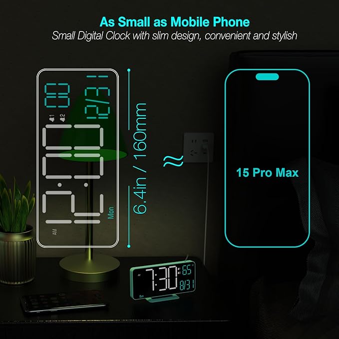 KOSUMOSU Digital Alarm Clock, 6.7in Digital Clock for Bedroom, Auto Dimming, Room Temperature, Day of The Week, Seconds, Date, Desk Clocks for Living Room, Alarm Clocks for Bedrooms