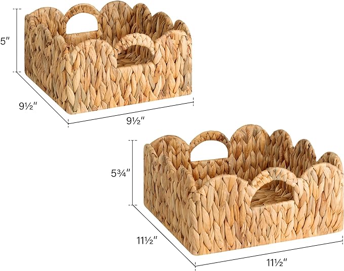 StorageWorks Scalloped Wicker Basket, Hand-woven Rattan Baskets with Built-in Handles, Water Hyacinth Basket for Organizing and Decor, 2 Pack