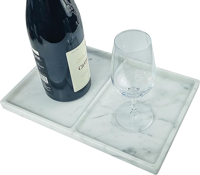 11.81"x7.87" Marble Decorative Tray with Dual Compartments – Catchall Organizer for Jewelry, Cosmetics, Soap – Polished Stone Dresser Vanity Tray for Bathroom, Entryway, Office – Calacatta White