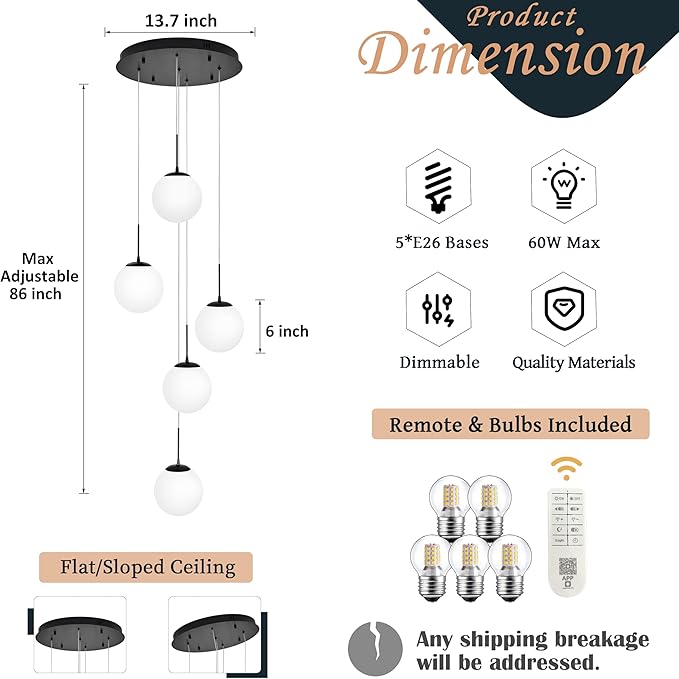 KoKo&Yukina 5-Light Globe Glass Pendant Light Adjustable Length Pendant Lights Fixtures Modern Black Chandelier with Milky White Glass Ceiling Lights for Living Room Staircase (Bulb & Remote Incl.)