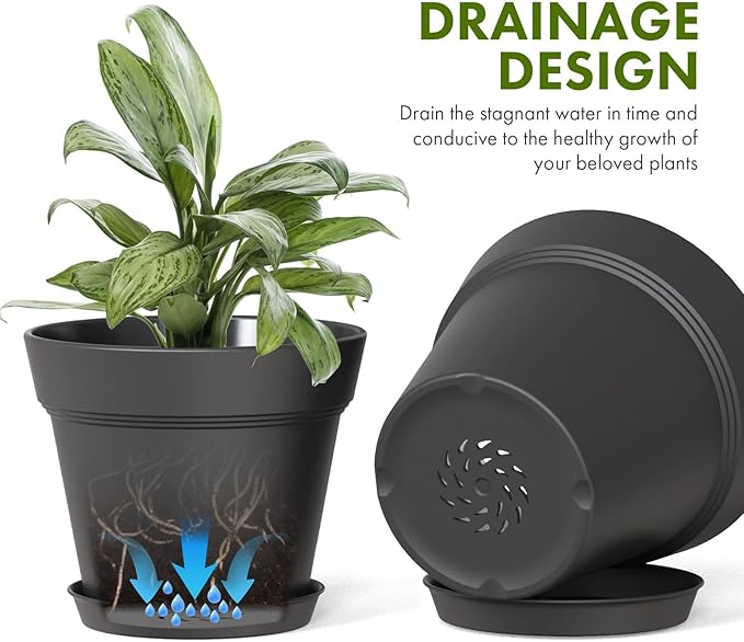 6 Inch Thick Plastic Plant Pots with Drainage Holes and Trays – 6 Pack Nursery Pots for Indoor & Outdoor House Plants, Seedling Starter Planters for Garden Flowers, Matte Black