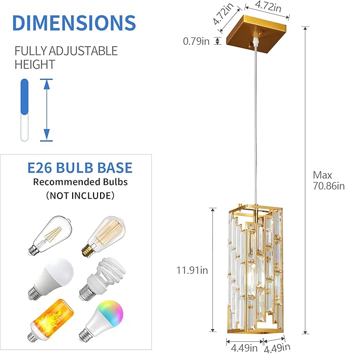 Gold Pendant Lighting Modern Pendant Light, Mini Crystal Chandeliers,Adjustable Pendant Light Fixture for Kitchen Island Dinning Room Bedroom (3 Pack)