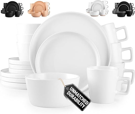 Zulay Kitchen Terra Stoneware Dinnerware Set, Artisanal Ceramic Plates and Bowls Set Crafted at 2300℉ - Service for 4, Frost White