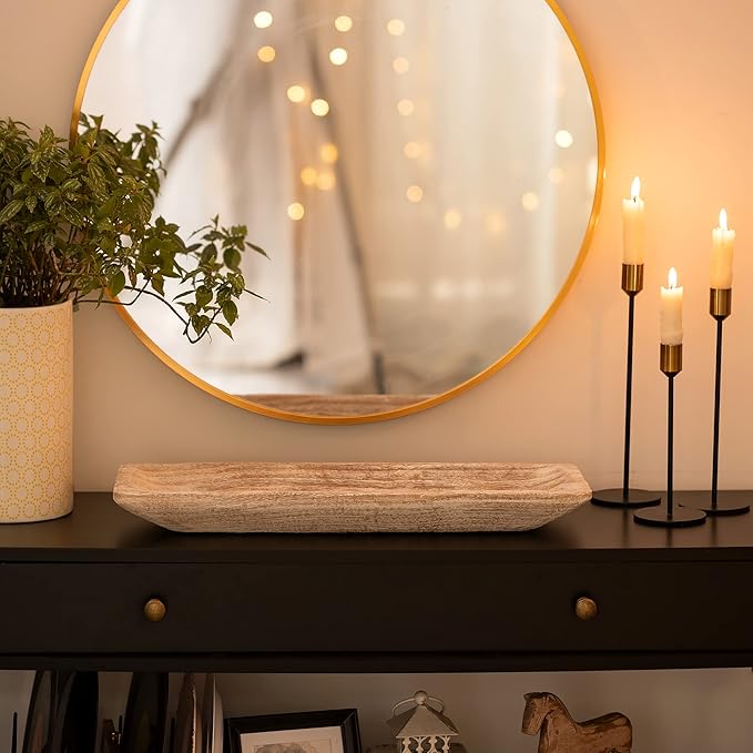 Hanobe Decorative Wood Dough Bowl: Large Long Wooden Bowl for Entry Way Table Home Decor - Coffee Table Decor for Living Room - Dining Table Centerpiece Decor, White