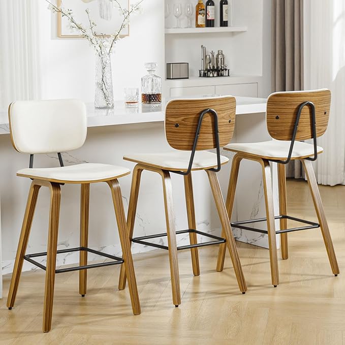 Counter Height Bar Stools Set of 3, PU Leather Upholstered Barstools with Backs, Bent Wood Legs, 26 Inch Seat Height, Mid Century Modern Counter Stools for Kitchen Island, Cream White