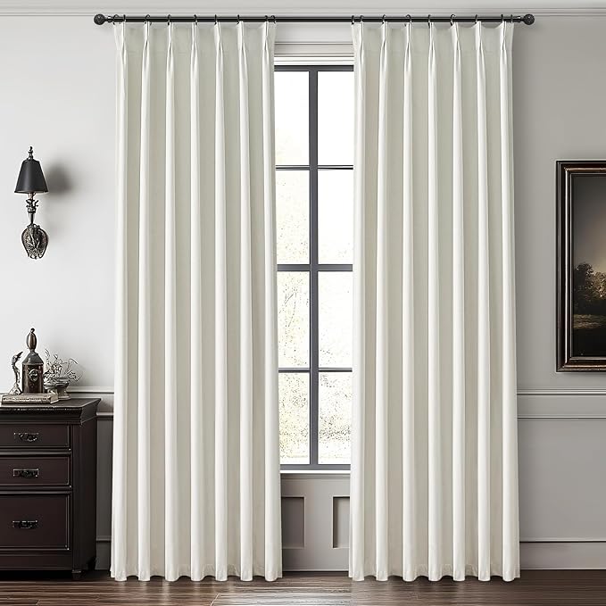 White Ivory Linen Curtains 90 Inches Long Pinch Pleated 100% Blackout Window Curtains for Bedroom, Thermal Pleated Drapes for Living Room Farmhouse Nursery Hooks&Rings Included(40" Wx90 Lx2 Panels)