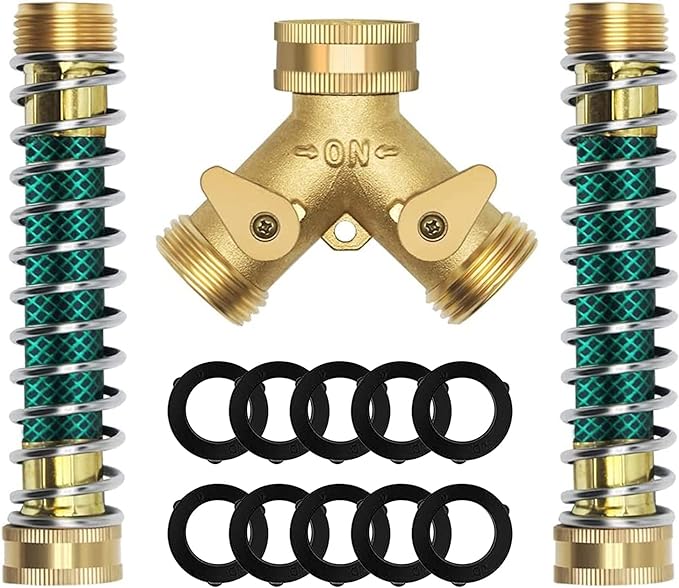 Brass Garden Hose Splitter 2 Way, All Body Metal Heavy Duty Water Splitter Y Way with 2 Hose Protectors Kink Free Hose Extension 10 Rubber Washers