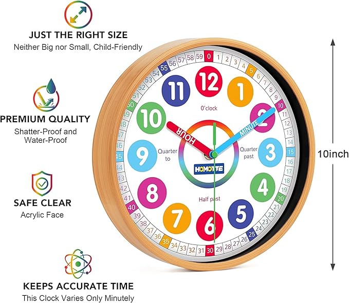 Kids Wall Clock for Bedroom, 10 Inch Round Multi-Colored Learning Clock, Children's Silent Analog Non-Ticking Educational Wall Clock for Boys and Girls Classroom Home Decor