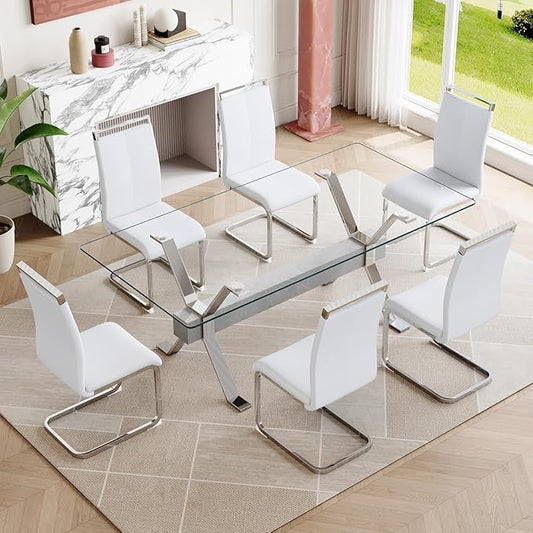 7 Piece Glass Dining Table Set, Kitchen Table Chairs Set for 6, 71'' Dining Table with 0.4" Tempered Glass Tabletop with Plated Metal Legs and MDF Crossbar, 6 PU Chairs for Dining Room, Kitchen.
