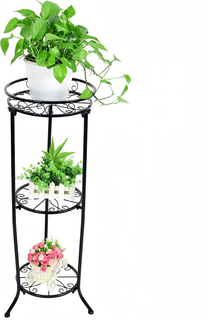 Plant Stand Indoor Outdoor, 3 Tier Tall Black Metal Plant Stands, 35 inch Round Multiple Plant Rack Holder Rack Flower Pot Stand Heavy Duty Plant Shelf for Patio Balcony Garden Living Room